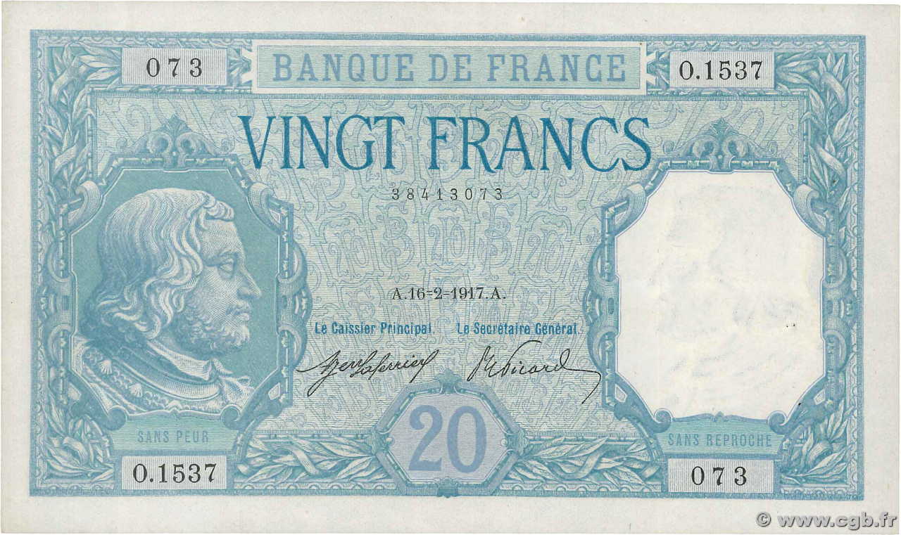 20 Francs BAYARD FRANCE  1917 F.11.02 XF