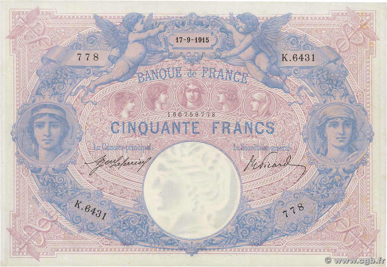 50 Francs BLEU ET ROSE FRANCIA  1915 F.14.28 EBC+