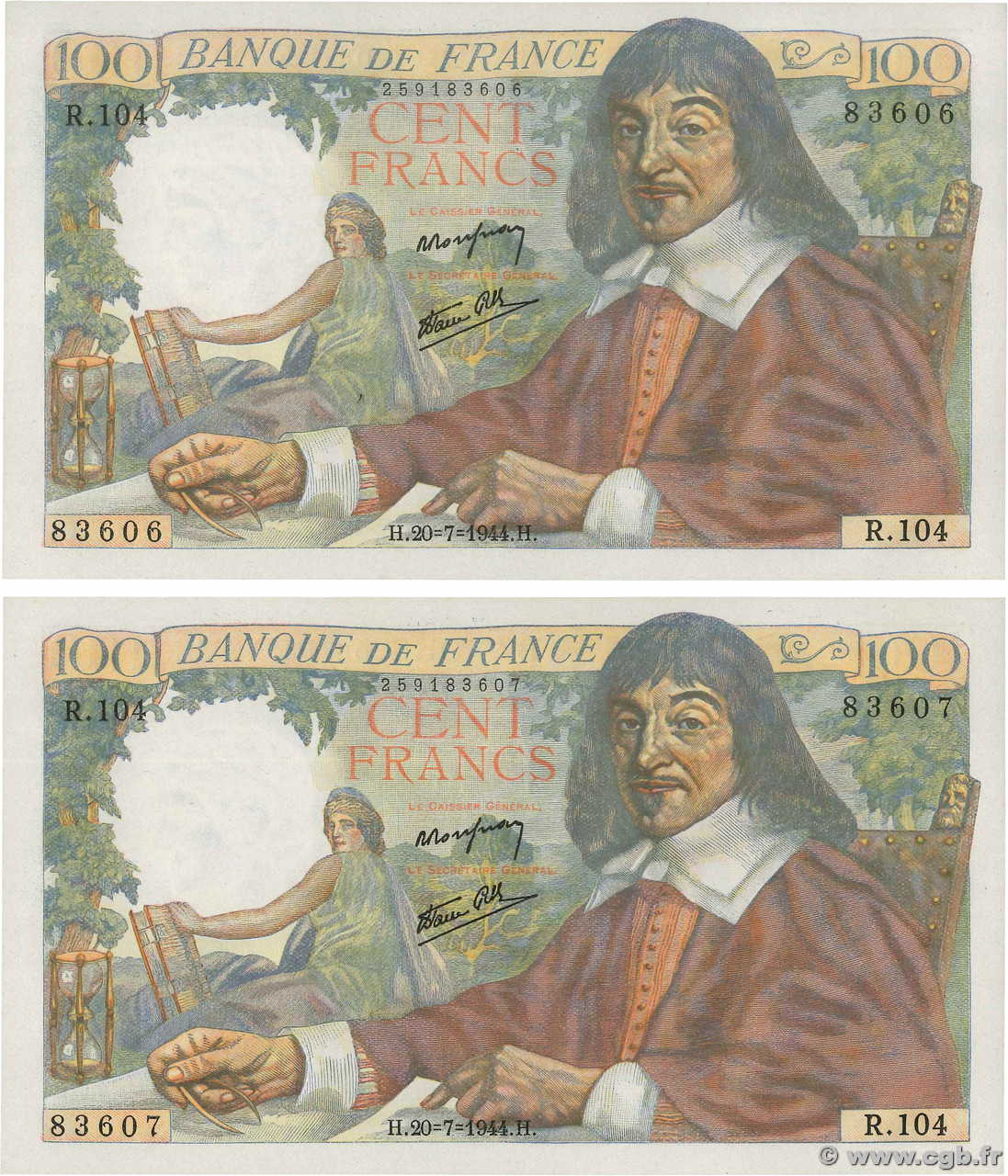 100 Francs DESCARTES Consécutifs FRANCIA  1944 F.27.06 FDC