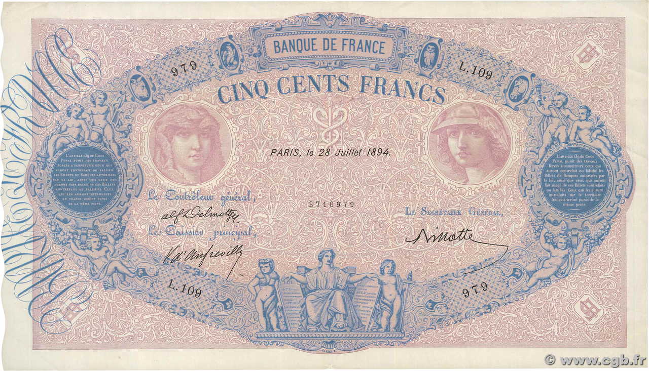 500 Francs BLEU ET ROSE FRANCE  1894 F.30.06 XF-