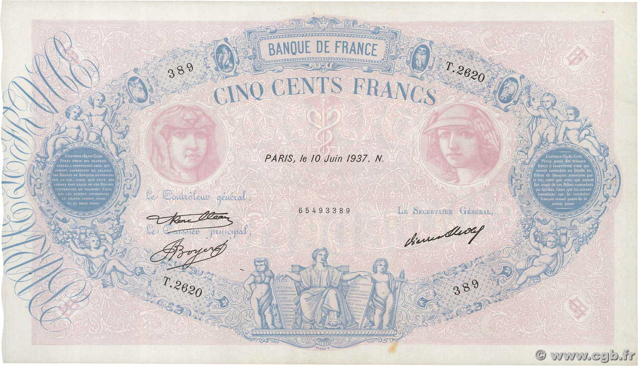 500 Francs BLEU ET ROSE FRANCE  1937 F.30.38 XF