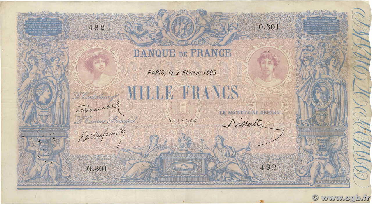 1000 Francs BLEU ET ROSE FRANCE  1899 F.36.12 VF