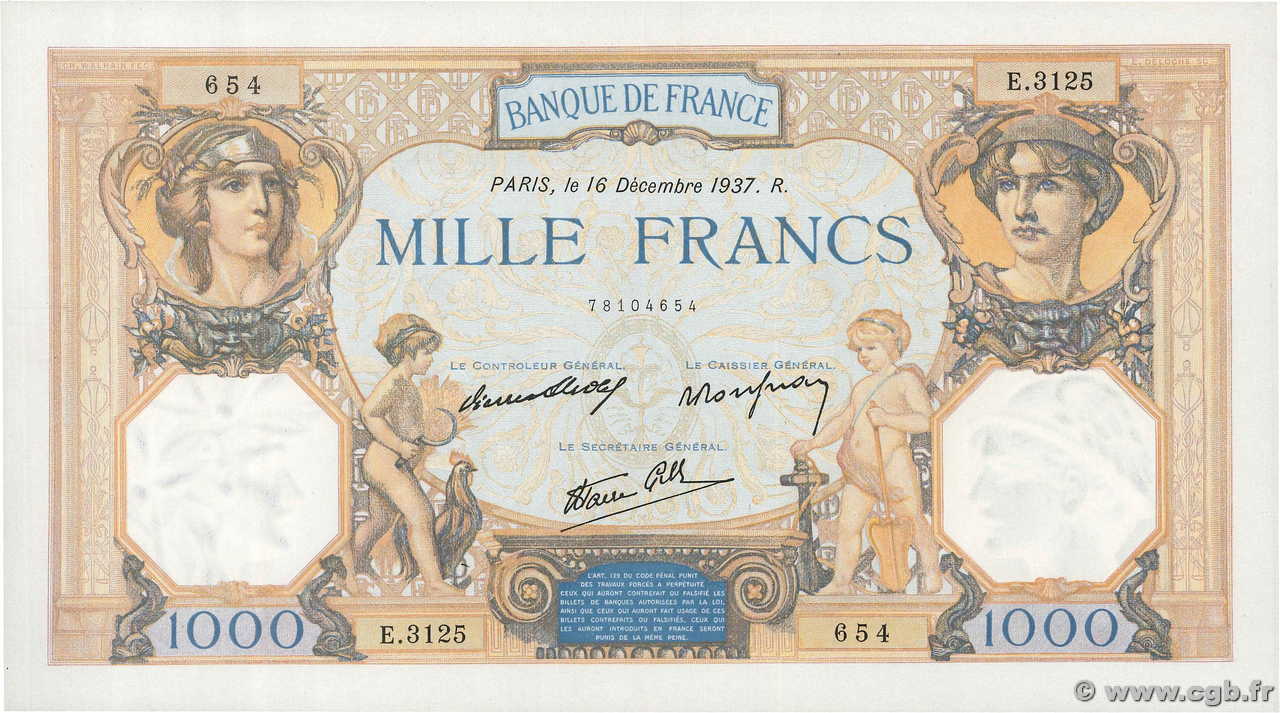 1000 Francs CÉRÈS ET MERCURE type modifié FRANCIA  1937 F.38.07 EBC+