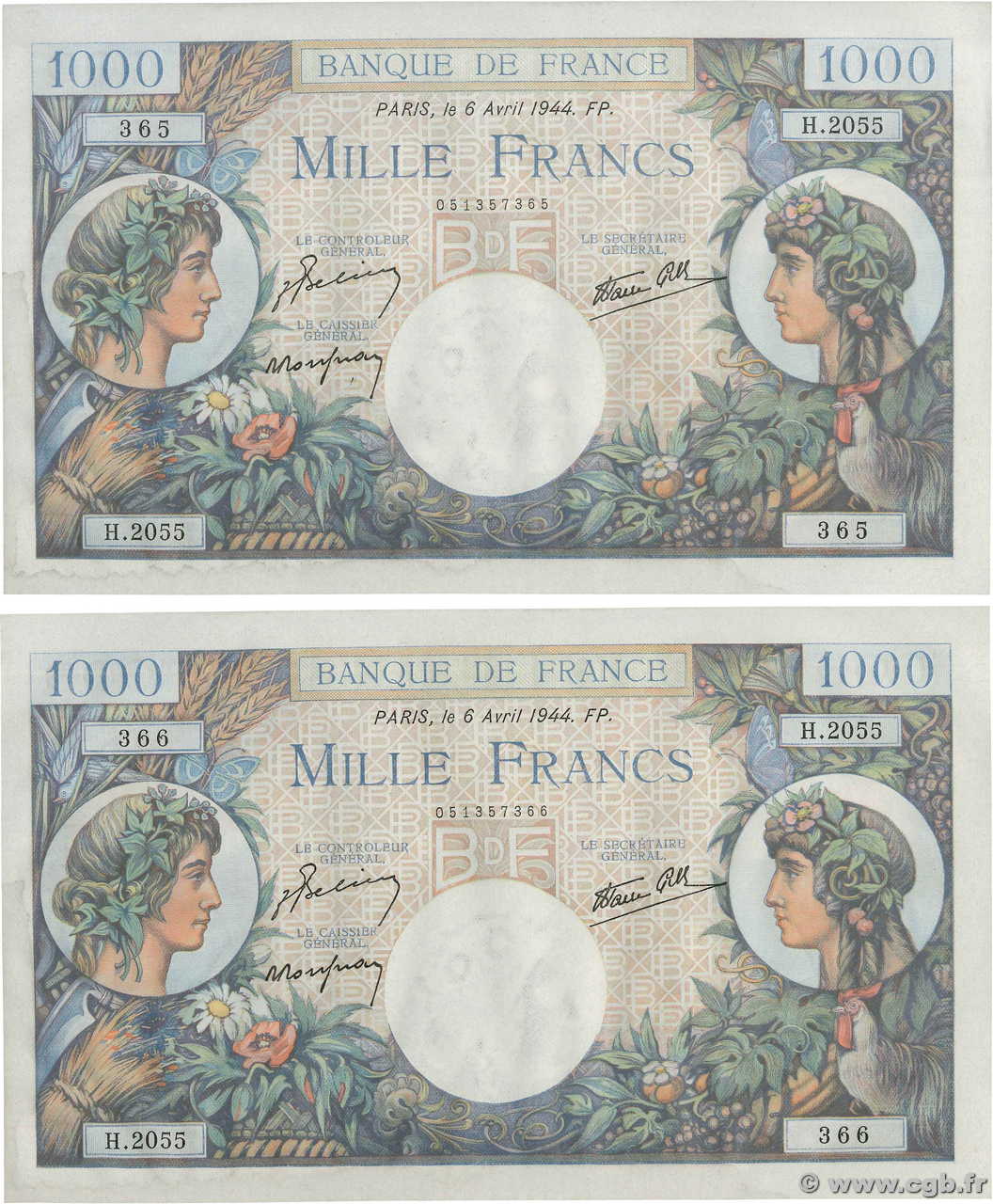 1000 Francs COMMERCE ET INDUSTRIE Consécutifs FRANCE  1944 F.39.05 SPL