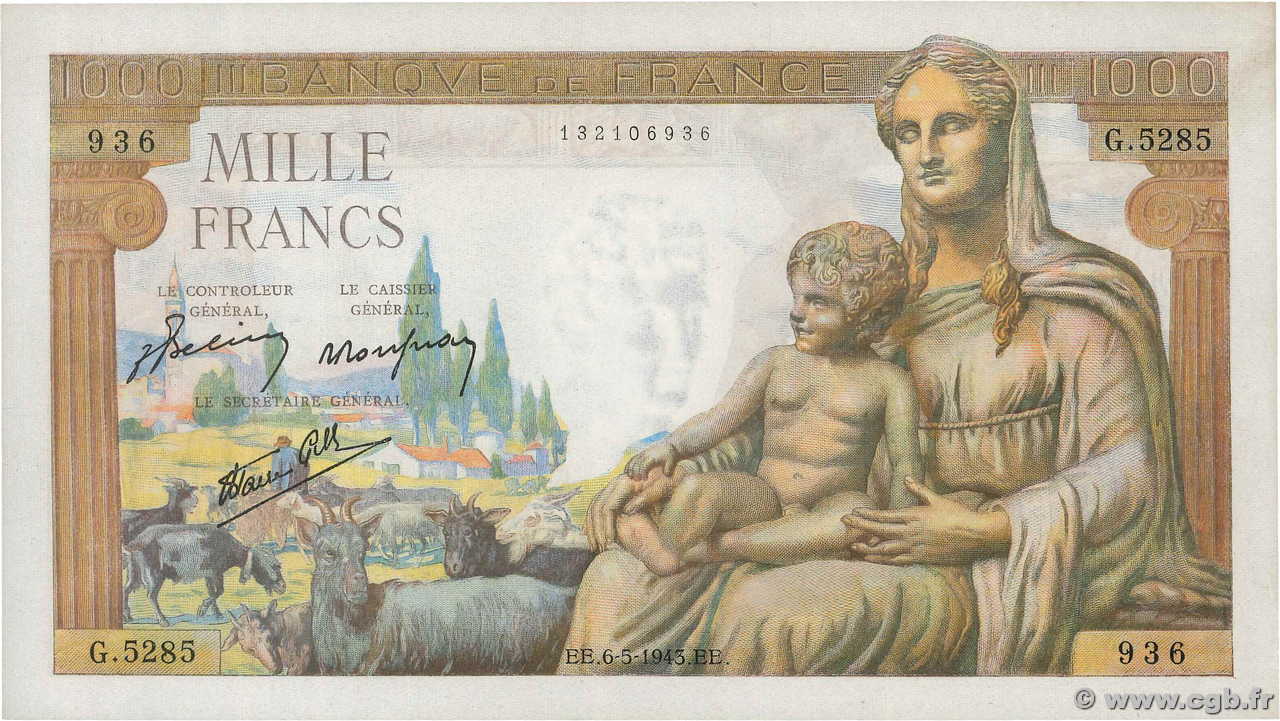 1000 Francs DÉESSE DÉMÉTER FRANCIA  1943 F.40.23 SC+
