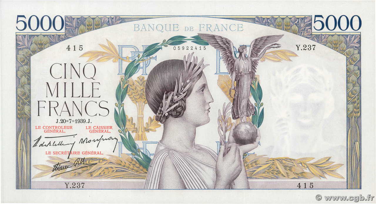 5000 Francs VICTOIRE Impression à plat FRANCIA  1939 F.46.08 q.AU