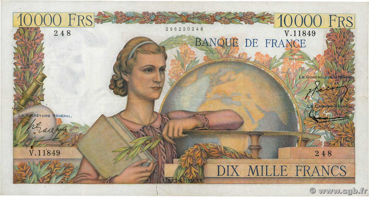 10000 Francs GÉNIE FRANÇAIS FRANCIA  1956 F.50.81 q.BB