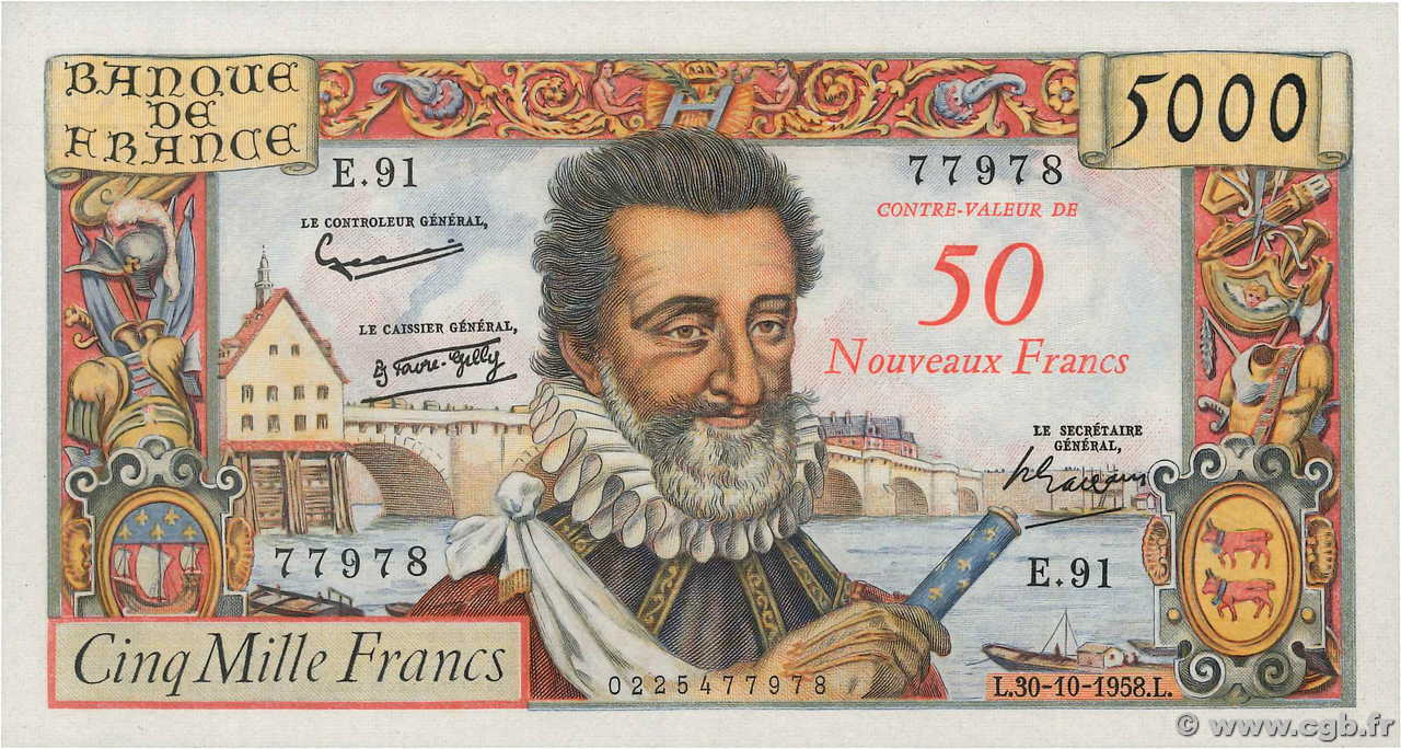 50 NF sur 5000 Francs HENRI IV FRANCE  1958 F.54.01 AU