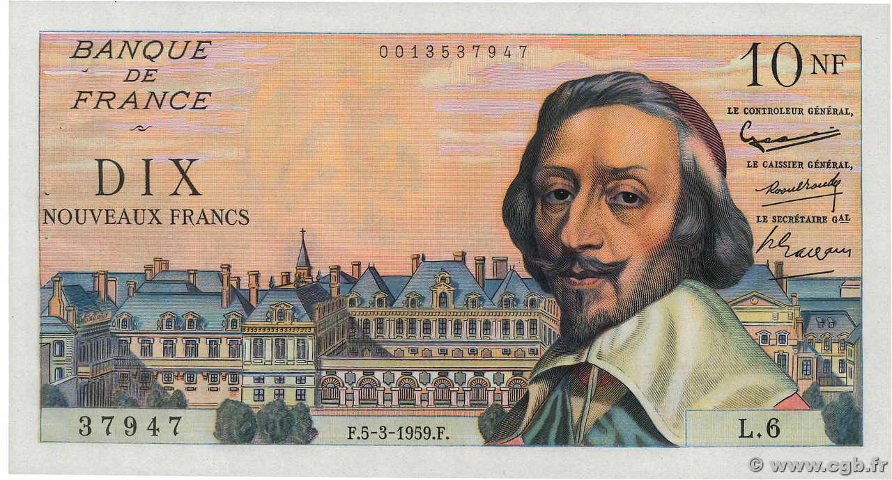 10 Nouveaux Francs RICHELIEU FRANCE  1959 F.57.02 XF+