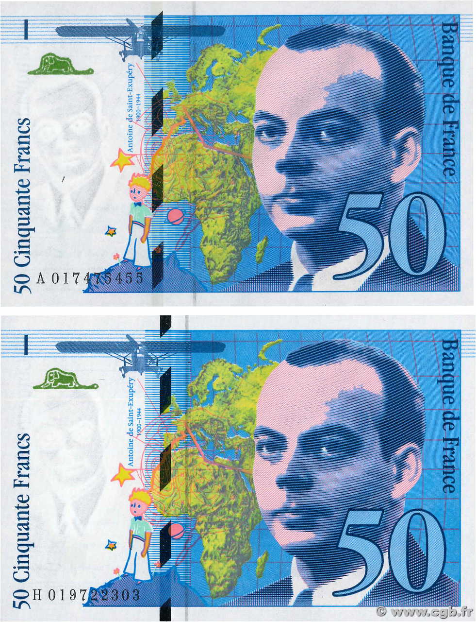 50 Francs SAINT-EXUPÉRY modifié Lot FRANCIA  1994 F.73.01a/01d FDC