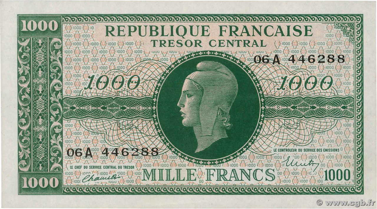 1000 Francs MARIANNE BANQUE D ANGLETERRE FRANCE  1945 VF.12.01 UNC-