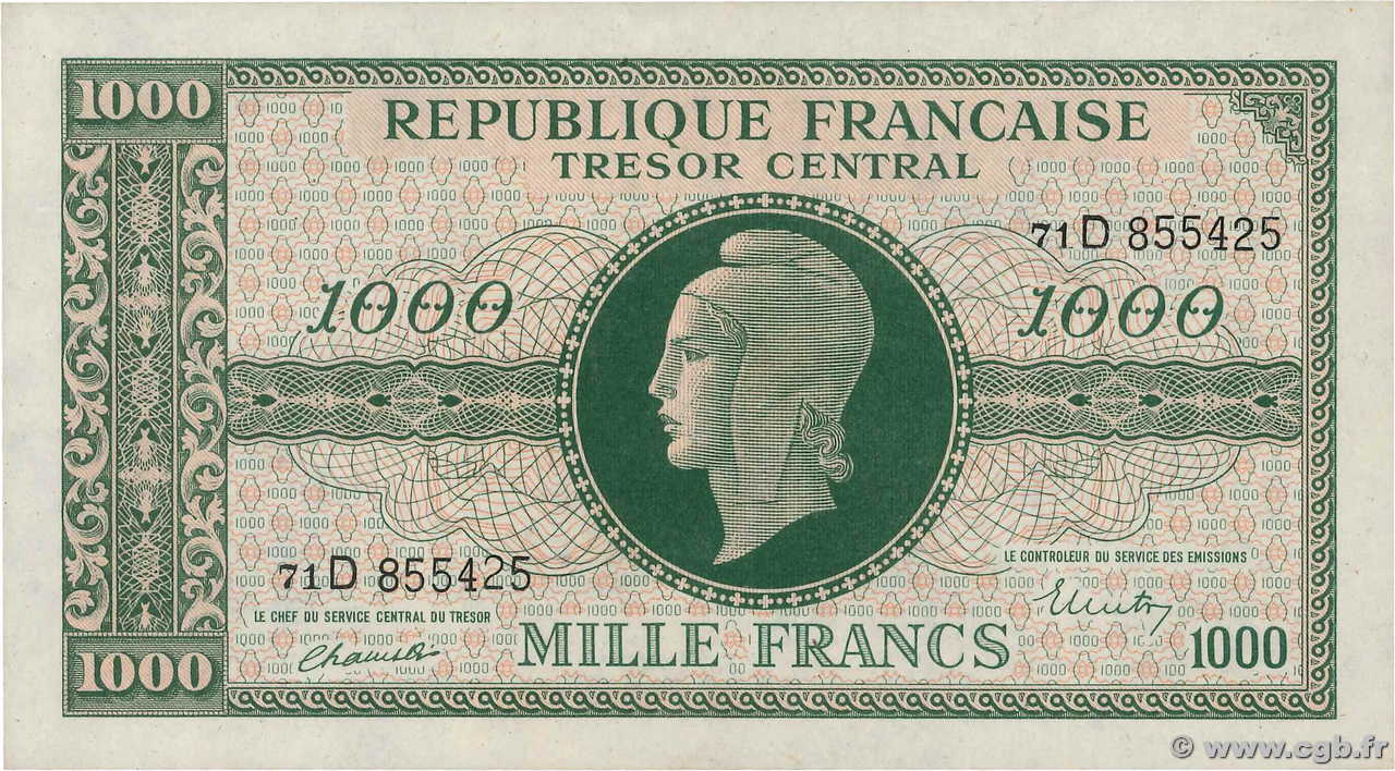 1000 Francs MARIANNE THOMAS DE LA RUE FRANCIA  1945 VF.13.01 AU+