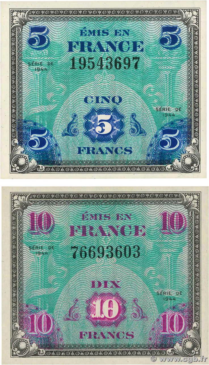 5 et 10 Francs DRAPEAU Lot FRANCIA  1944 VF.17.01 et VF.18.01 q.FDC