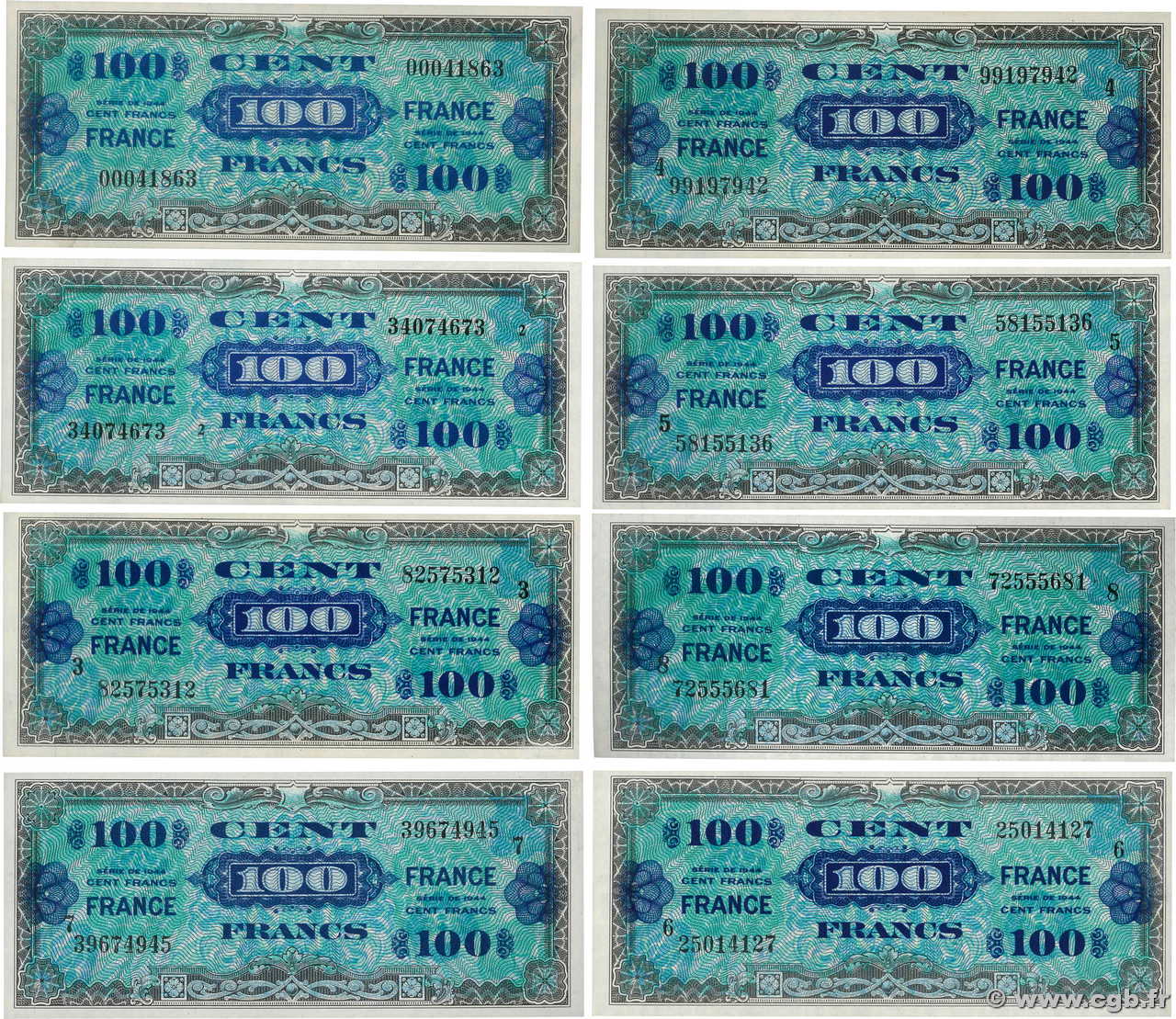 100 Francs FRANCE Lot FRANKREICH  1945 VF.25.01 au VF.25.08 fST