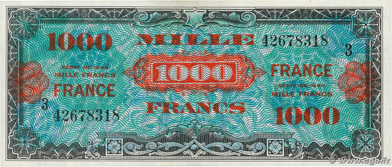 1000 Francs FRANCE FRANKREICH  1945 VF.27.03 VZ+