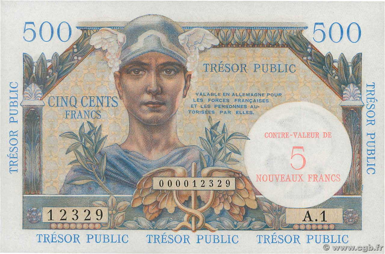 5NF sur 500 Francs TRÉSOR PUBLIC FRANCIA  1960 VF.37.01 AU
