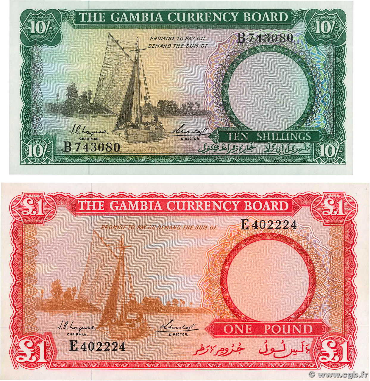 10 Shillings et 1 Pound Lot GAMBIA  1965 P.01a et P.02a AU+