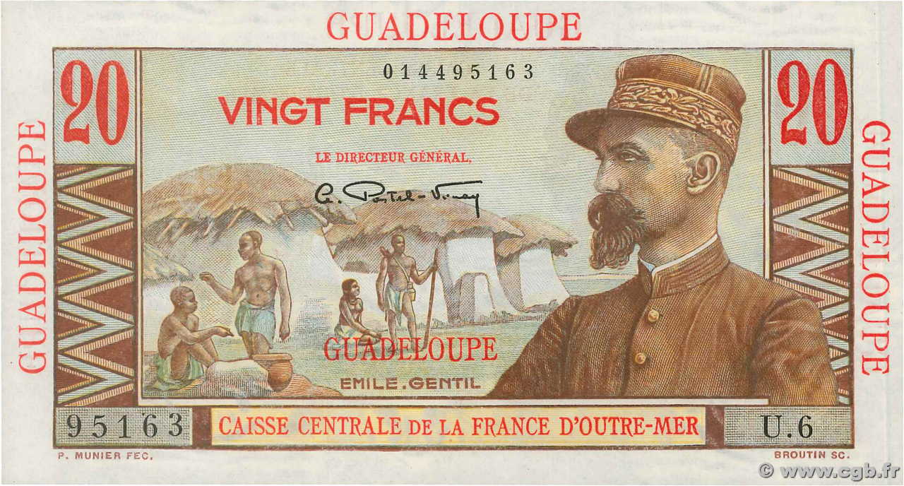 20 Francs Émile Gentil GUADELOUPE  1946 P.33 UNC-