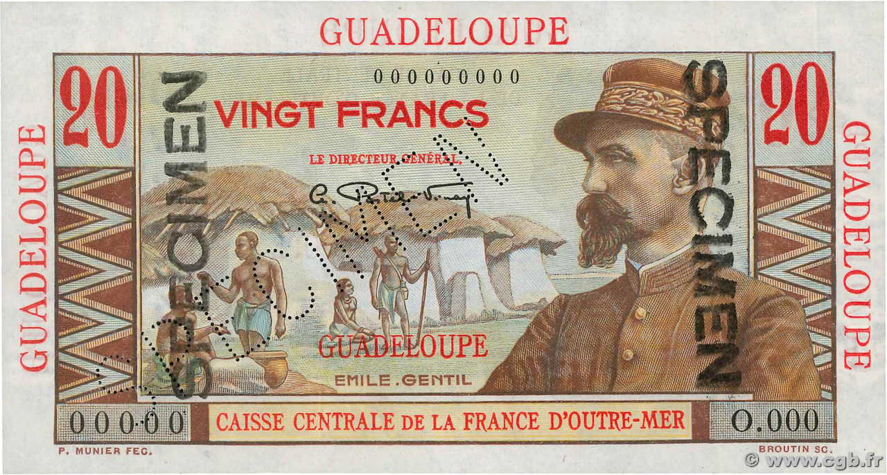 20 Francs Émile Gentil Spécimen GUADELOUPE  1946 P.33s pr.NEUF