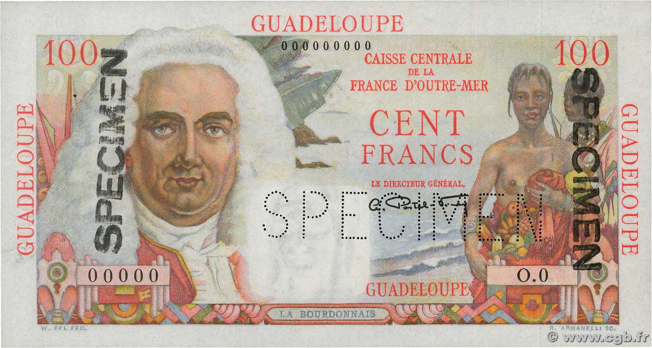 100 Francs La Bourdonnais Spécimen GUADELOUPE  1946 P.35s fST