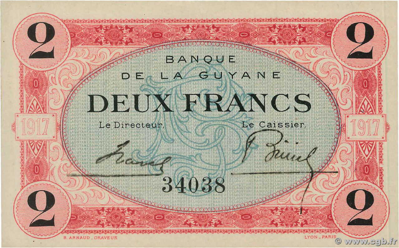 2 Francs FRENCH GUIANA  1917 P.06 AU