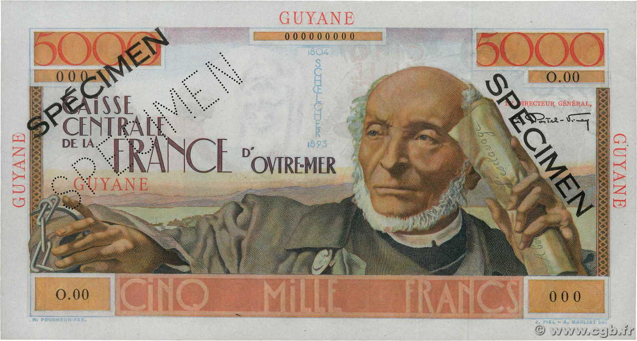 5000 Francs Schoelcher Spécimen FRENCH GUIANA  1946 P.26s SC+