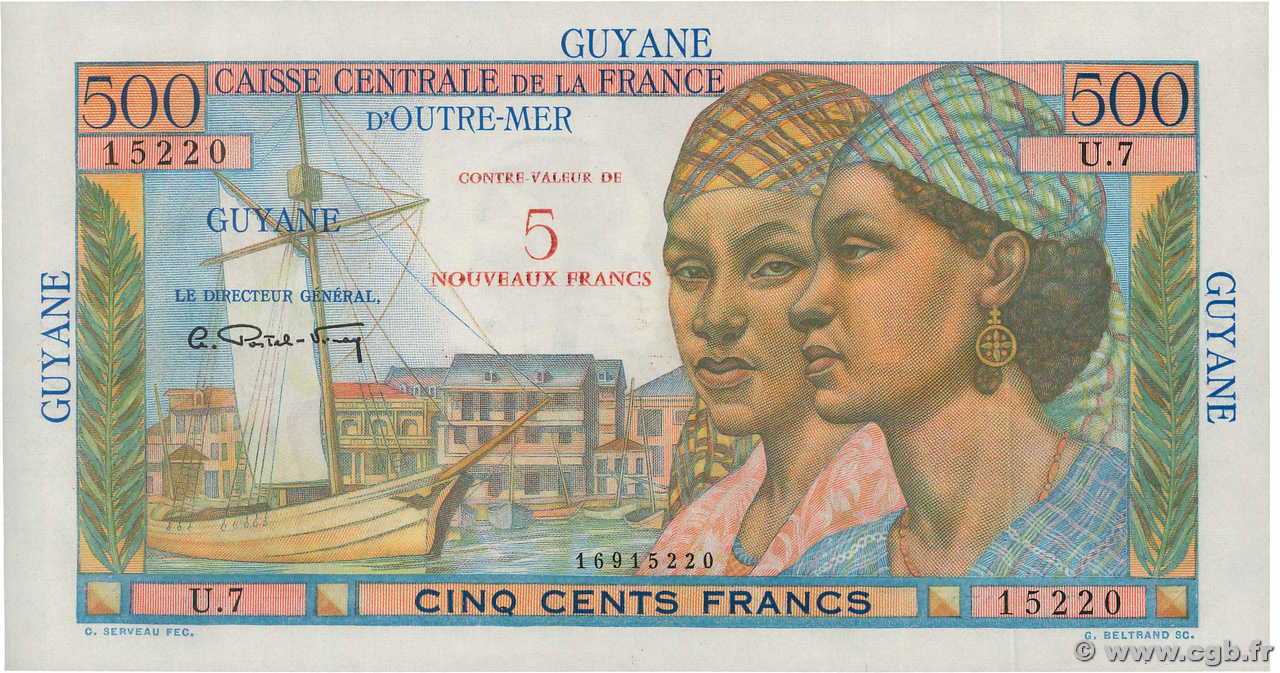 5 NF sur 500 Francs Pointe à Pitre FRENCH GUIANA  1960 P.30 SC+