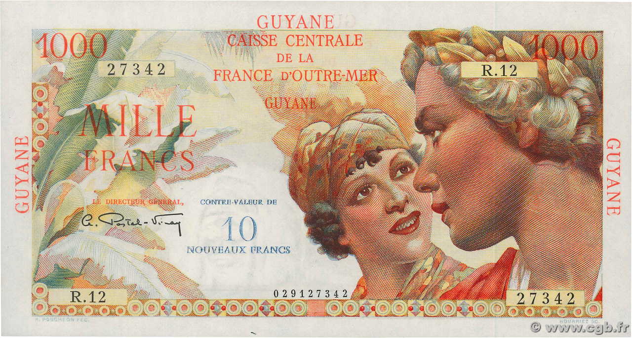 10 NF sur 1000 Francs Union Française FRENCH GUIANA  1960 P.32 fST