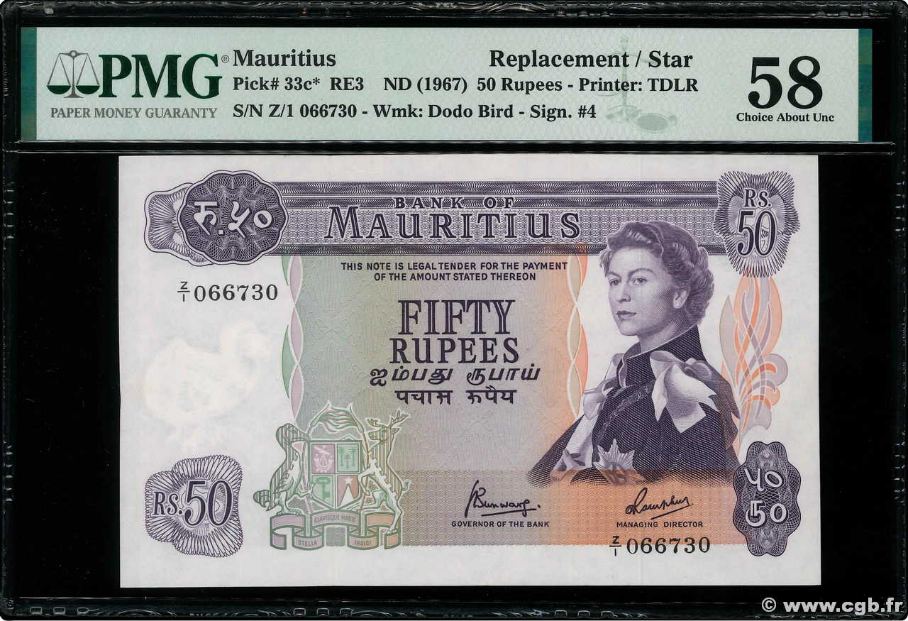 50 Rupees Remplacement MAURITIUS  1967 P.33cr SC
