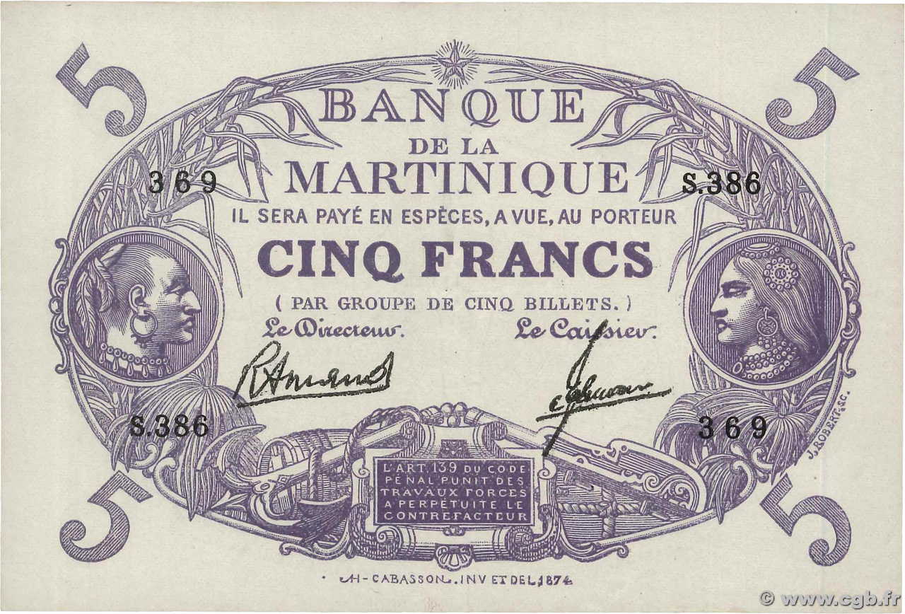 5 Francs Cabasson violet MARTINIQUE  1945 P.06 MBC+