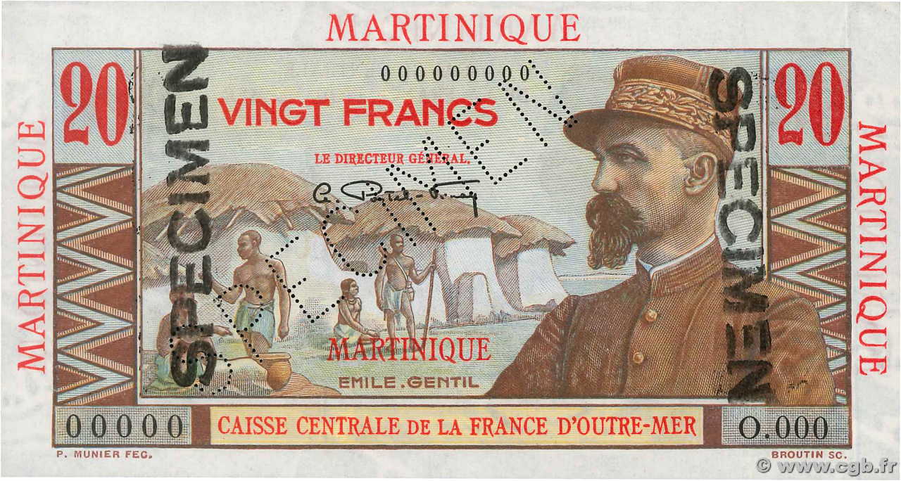 20 Francs Émile Gentil Spécimen MARTINIQUE  1946 P.29s ST