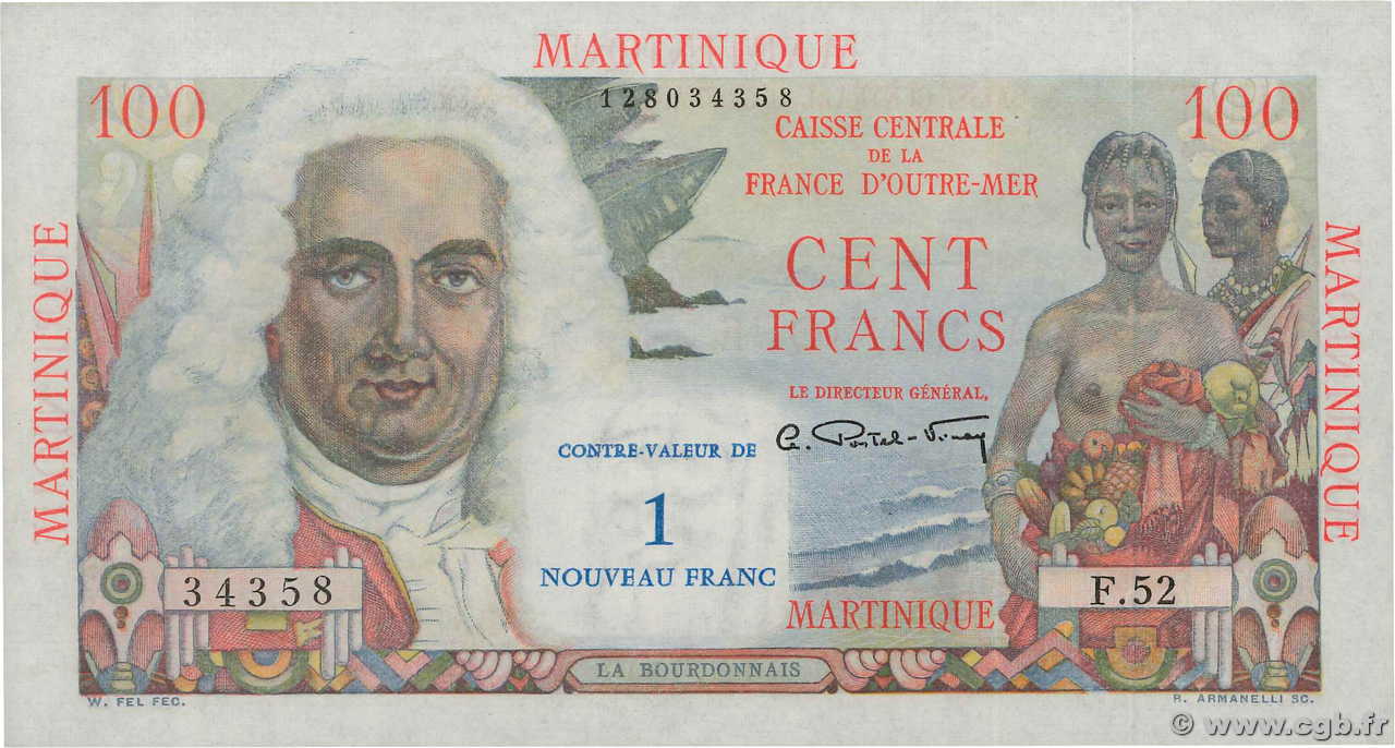 1 NF sur 100 Francs La Bourdonnais MARTINIQUE  1960 P.37 AU+