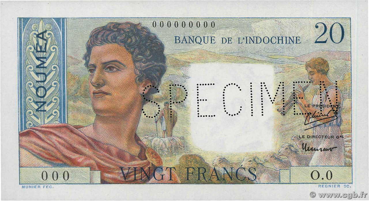 20 Francs Spécimen NOUVELLE CALÉDONIE  1954 P.50as AU+