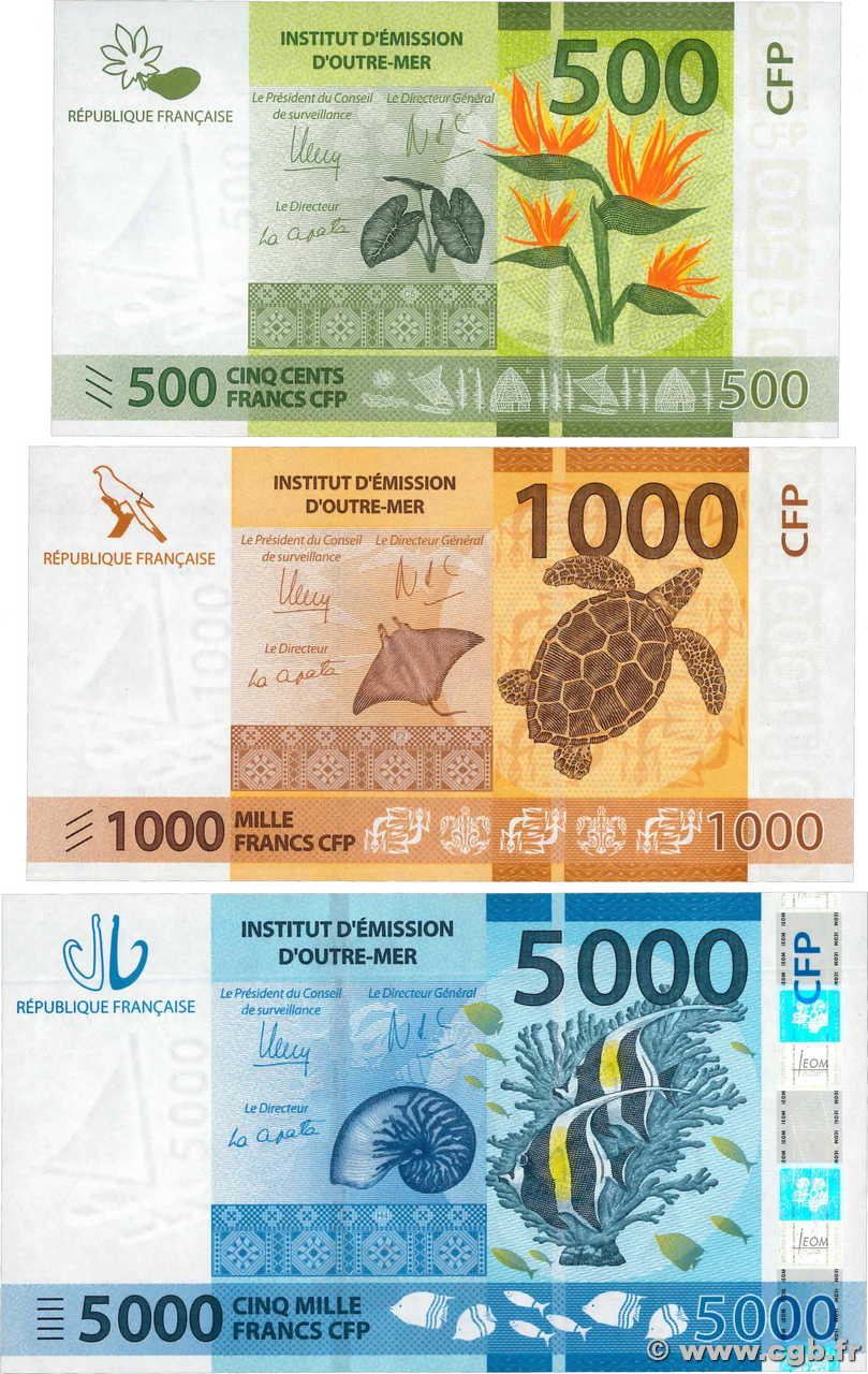 500, 1000 et 5000 Francs Lot POLYNÉSIE, TERRITOIRES D OUTRE MER  2014 P.05, P.06 et P.07 NEUF