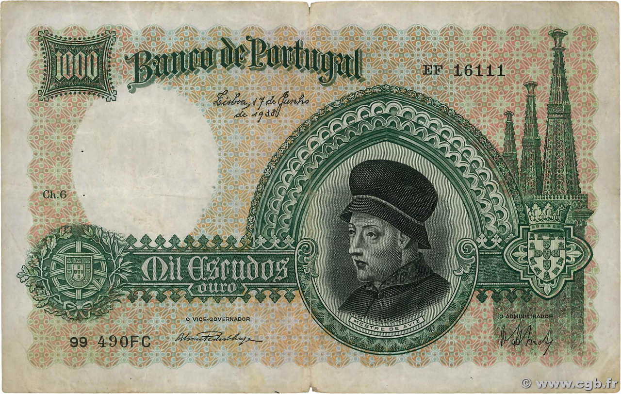 1000 Escudos PORTUGAL  1938 P.152 pr.TB