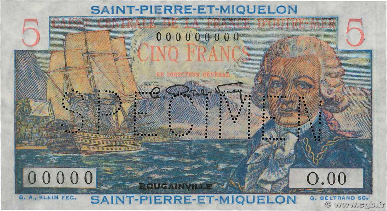 5 Francs Bougainville Spécimen SAINT PIERRE ET MIQUELON  1950 P.22s pr.NEUF