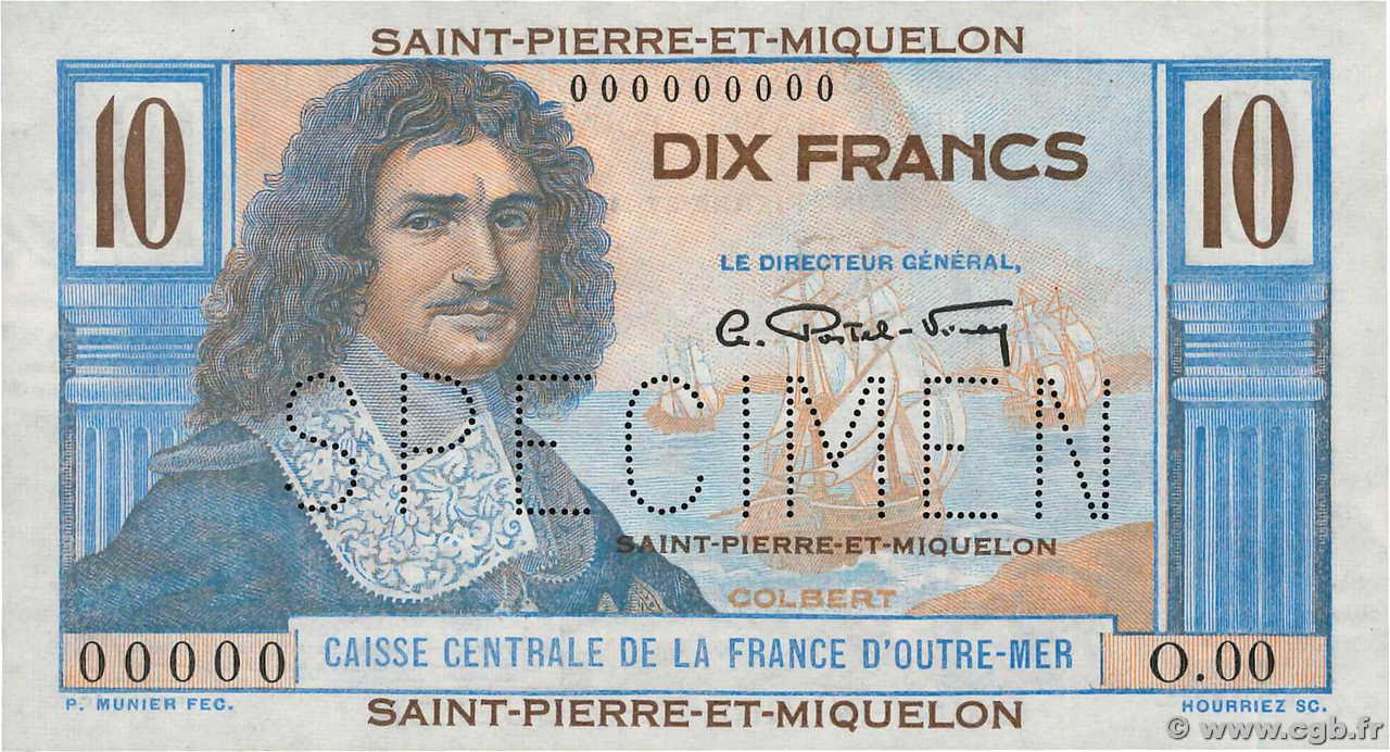 10 Francs Colbert Spécimen SAINT PIERRE ET MIQUELON  1946 P.23s pr.NEUF