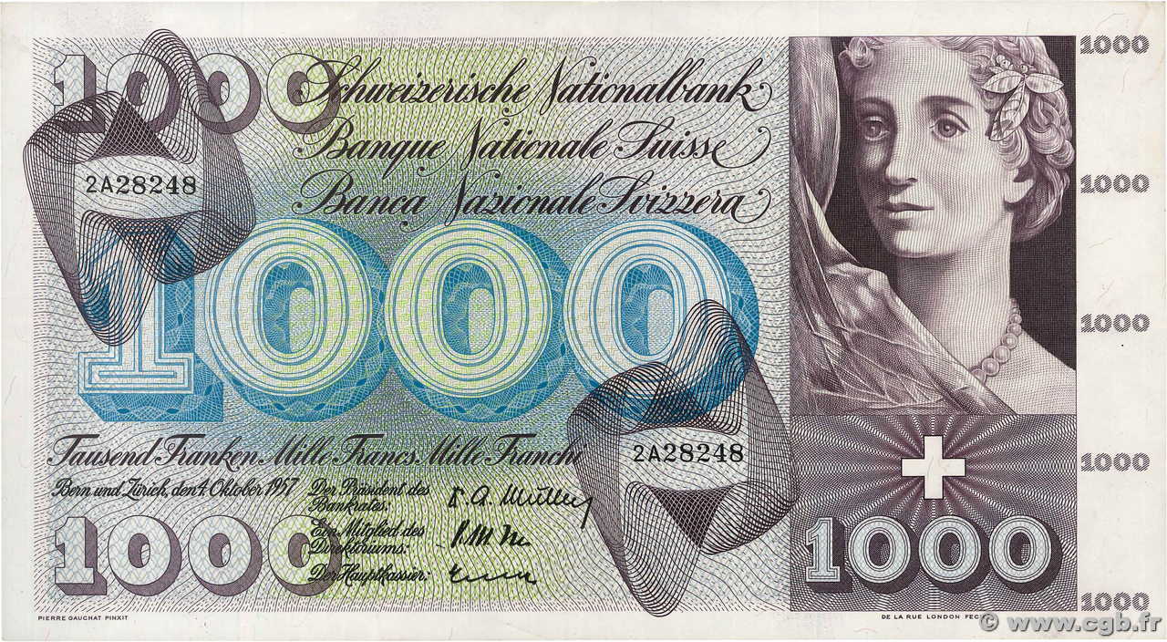 1000 Francs SWITZERLAND  1957 P.52b XF-