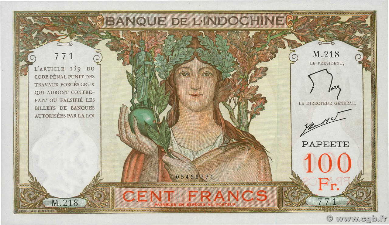 100 Francs TAHITI  1961 P.14d AU-