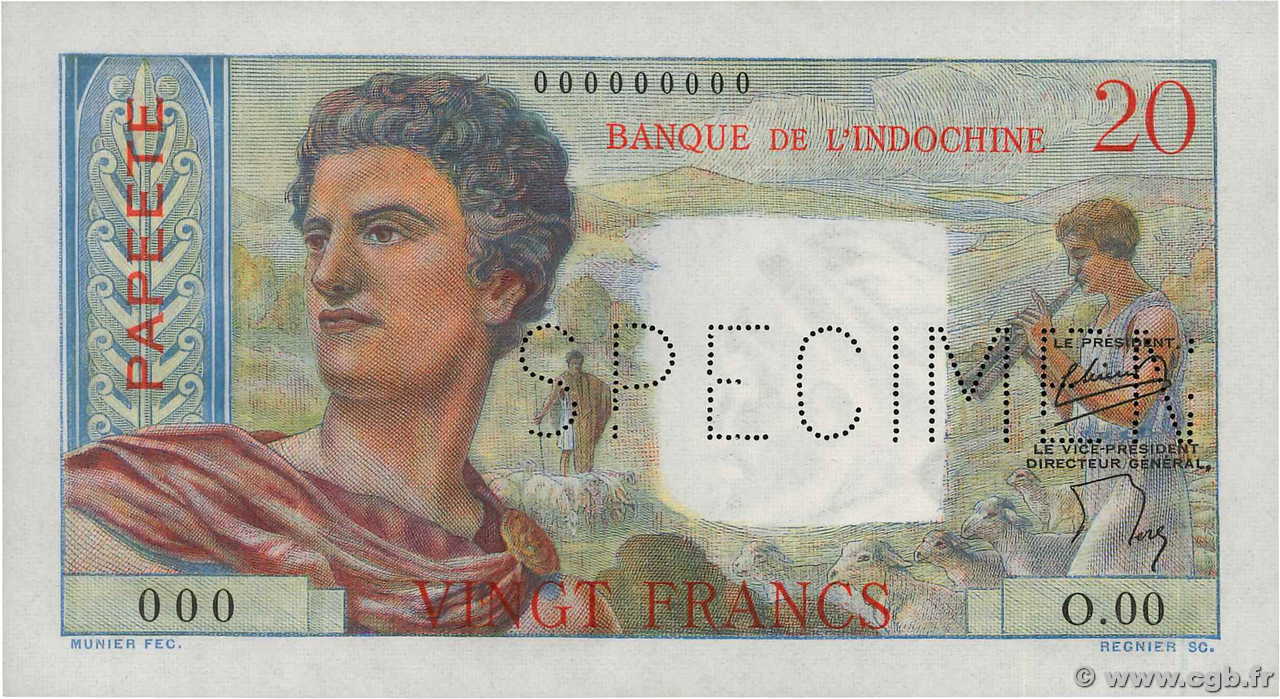 20 Francs Spécimen TAHITI  1954 P.21bs fST+