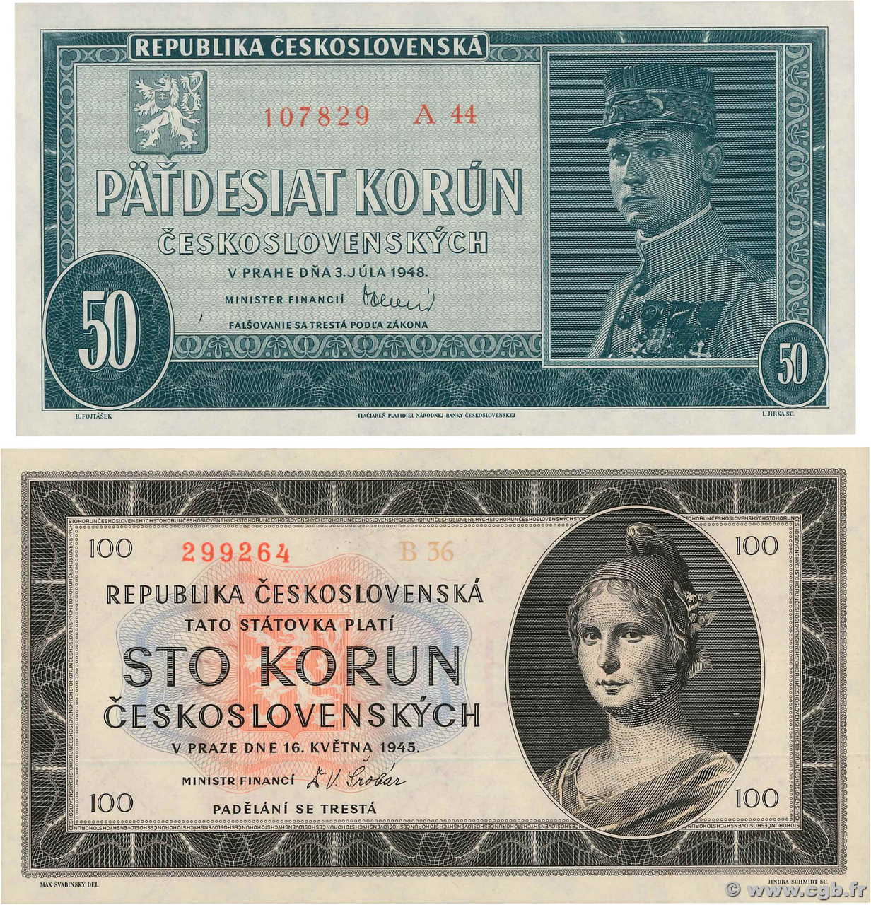 50 et 100 Korun Lot TSCHECHOSLOWAKEI  1945 P.066a et P.067a fST+