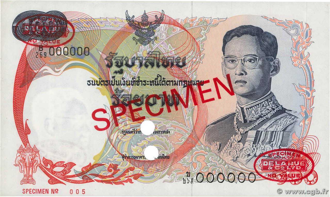 100 Baht Spécimen THAILAND  1968 P.079as fST+