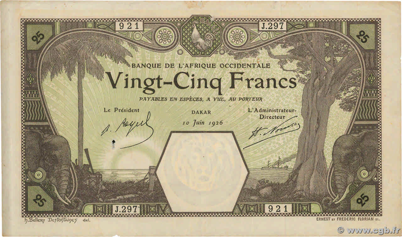 25 Francs DAKAR FRENCH WEST AFRICA Dakar 1926 P.07Bc BC+