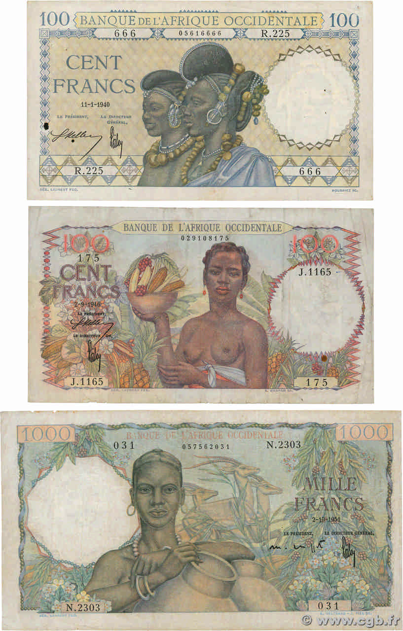 100 et 1000 Francs Lot FRENCH WEST AFRICA  1940 P.23, P.40 et P.42 F-