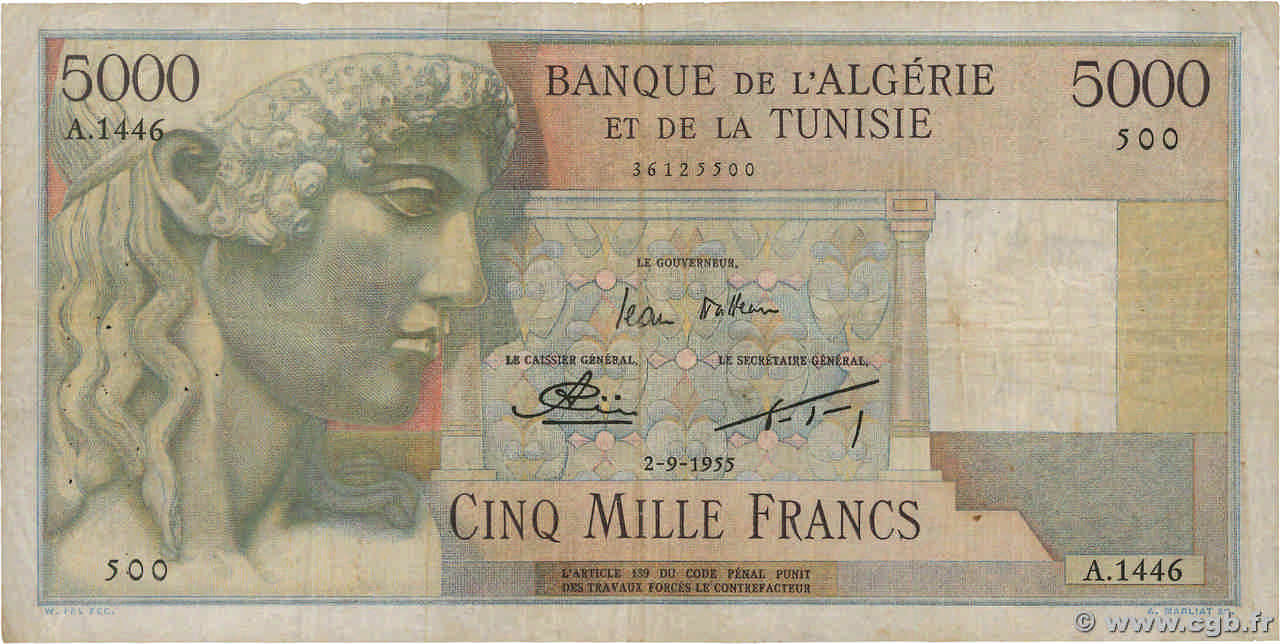 5000 Francs ALGÉRIE  1955 P.109b B+