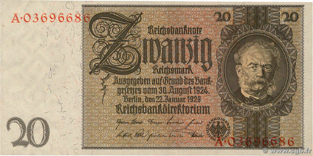 20 Reichsmark DEUTSCHLAND  1929 P.181b fST+