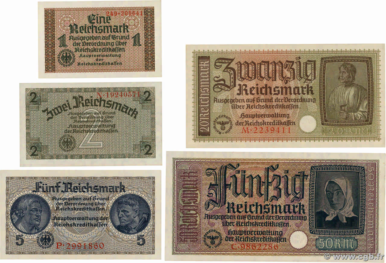 1 au 50 Reichsmark Lot GERMANY  1940 P.R136 au P.R140 XF - AU