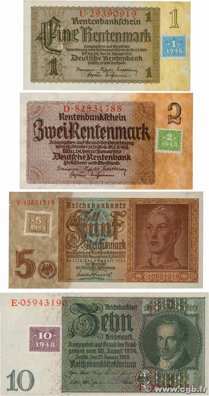 1 Deutsche Mark au 10 Deutsche Mark Lot ALLEMAGNE RÉPUBLIQUE DÉMOCRATIQUE  1948 P.01 au P.04b pr.NEUF