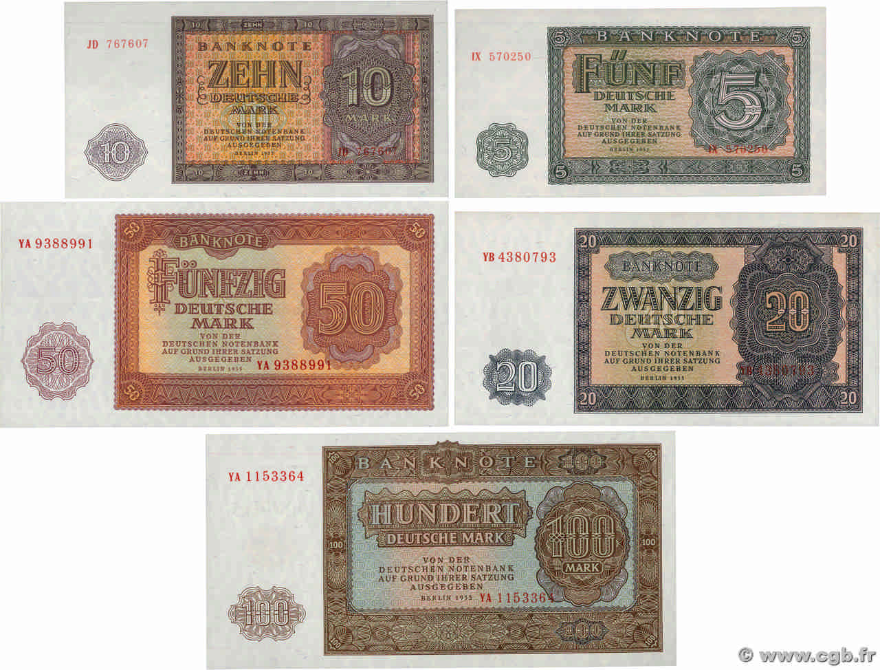 5 au 100 Deutsche Mark Lot REPUBBLICA DEMOCRATICA TEDESCA  1955 P.17 et P.21a AU