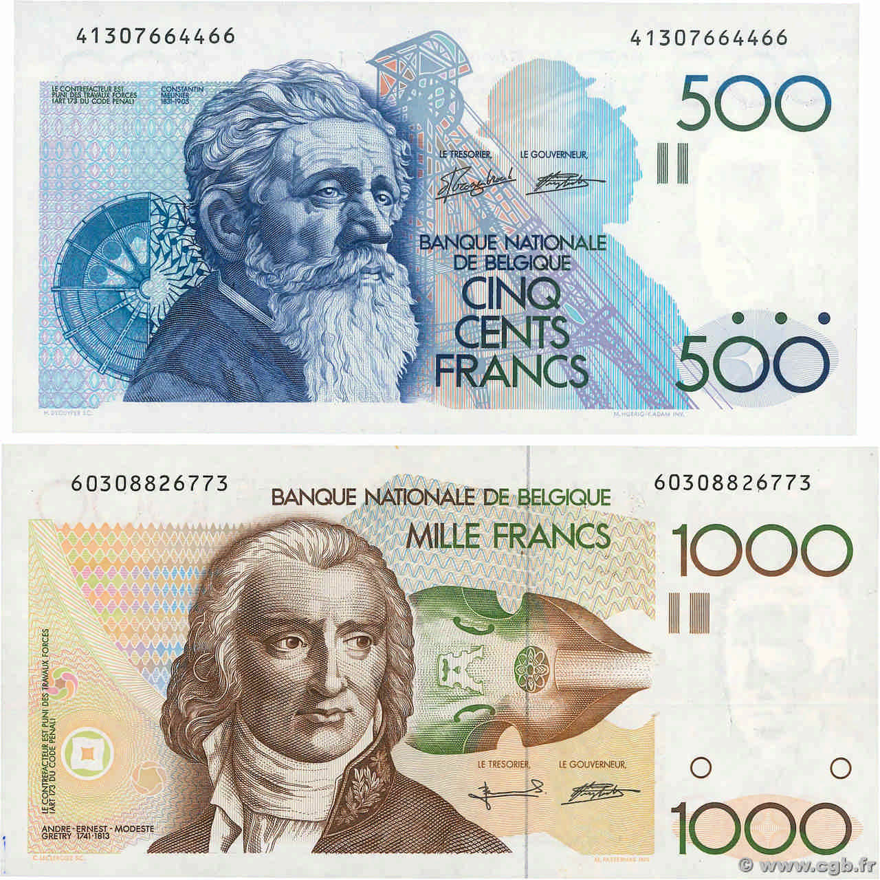 500 et 1000 Francs Lot BELGIO  1980 P.143a et P.144a AU+